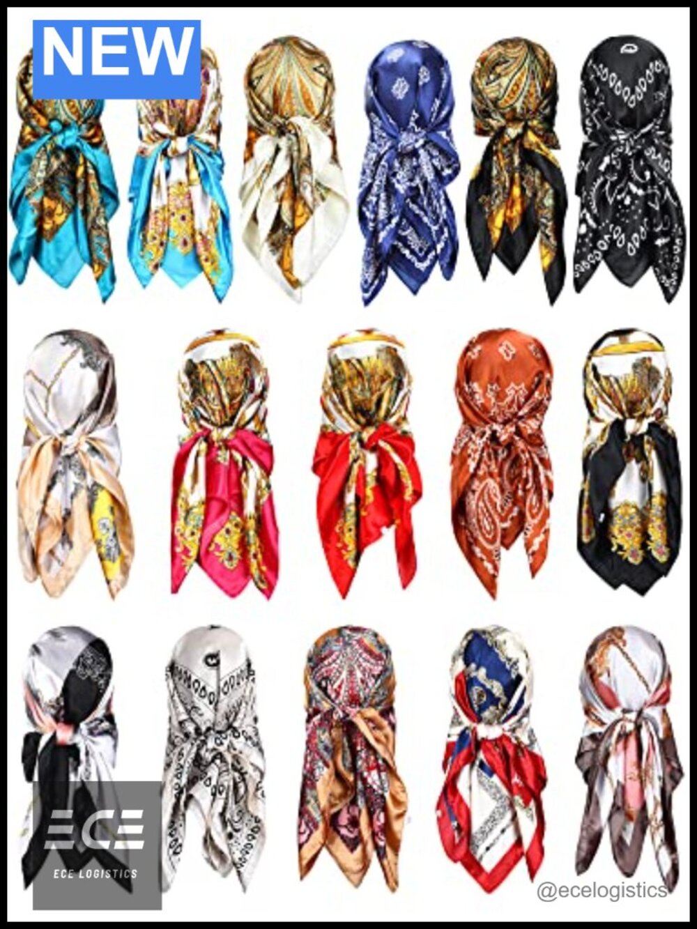 16 Pc 35" Satin Silk Like Head Scarves Hair Wrap Neck Scarf Bandana Set